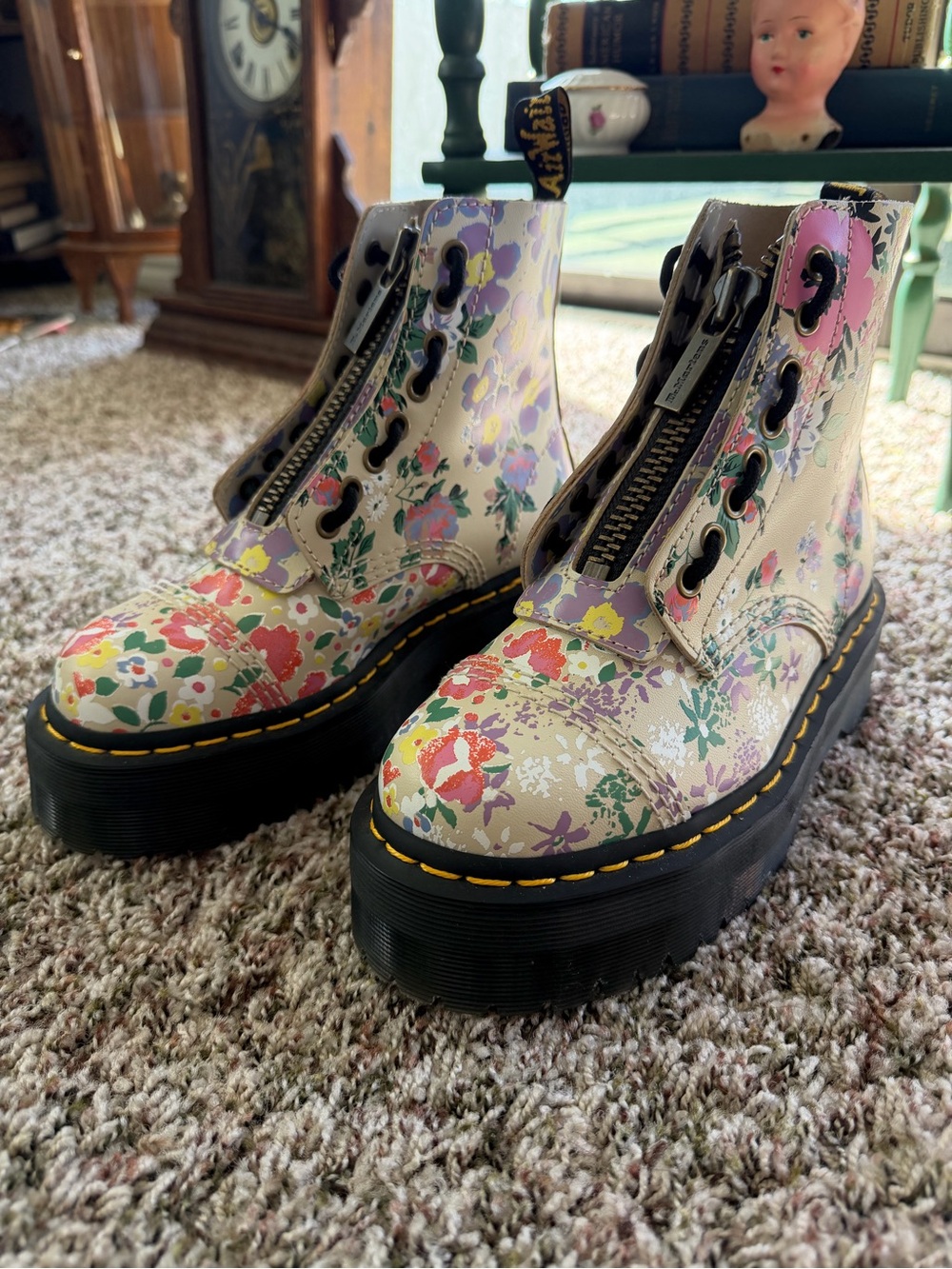 New Dr. Martens Cream Floral Lug-Zip Platform Boots